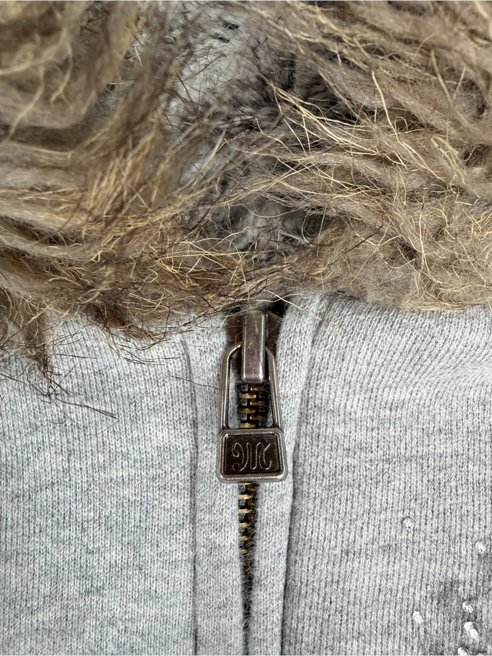 Vintage Miss Me Y2K Gray Faux Fur Lined Bling Hooded Zip Up Sweater Size Medium - Picture 7 of 13